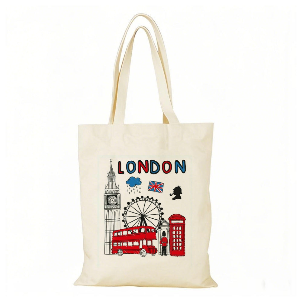 London Canvas Novelty Present Gift Souvenirs Printed Tote Bag Long Handle Cotton Reusable bags for shopping school travel Keepsake, Memorabilia（A）