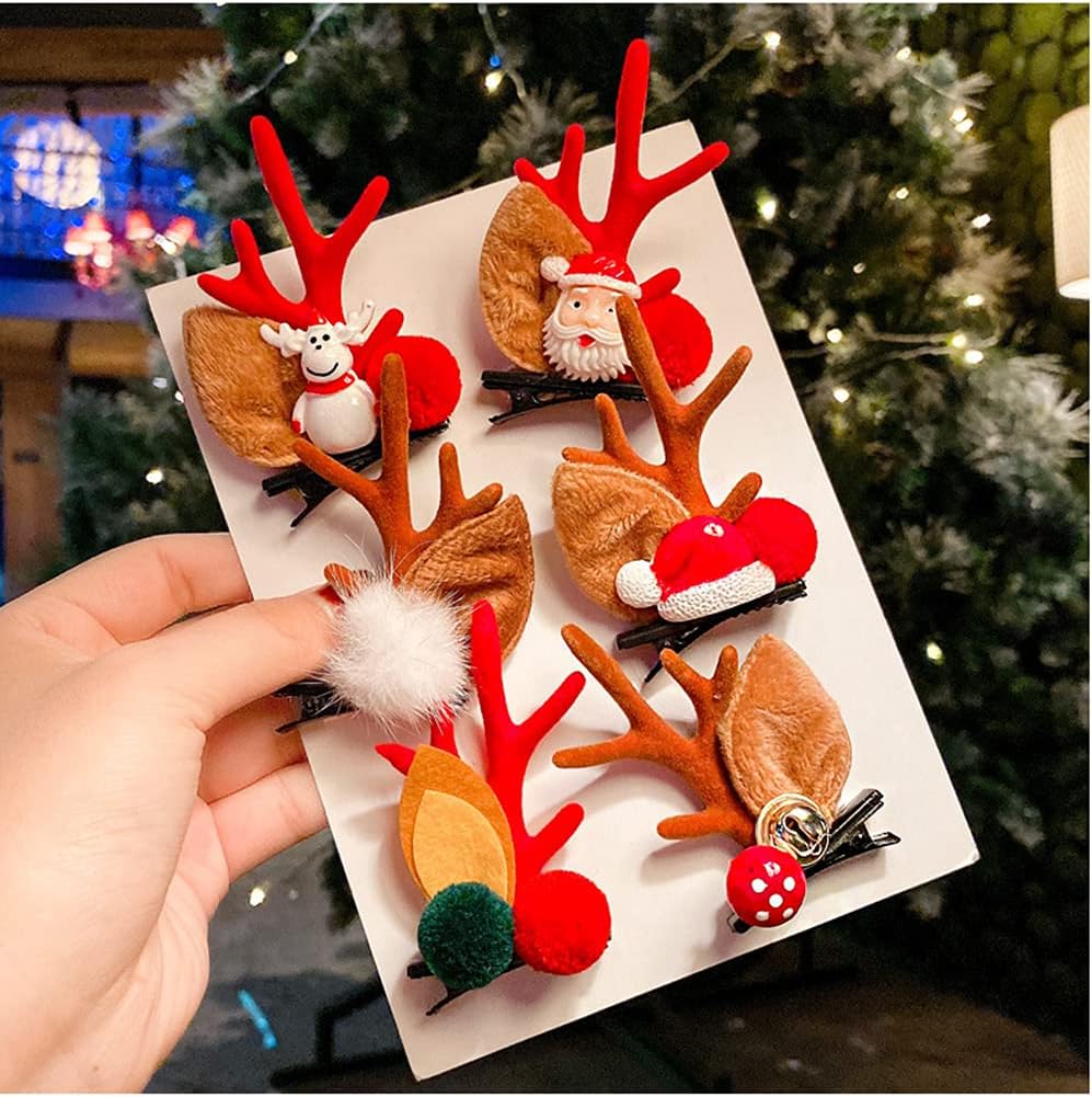 8PCS Christmas Xmas Party Santa Reindeer Snowman Pom Pom Bell Antler Kids Girls Toddlers Women Hair Clips Alligator Barrettes Hairpins Party
