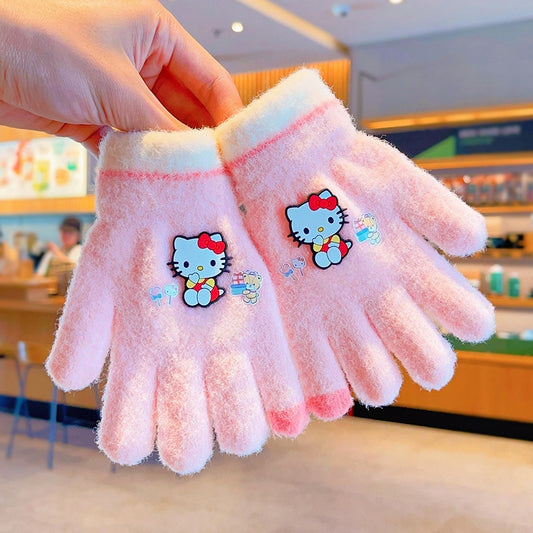 Full Finger Gloves Elsa Winter Knit Warm Mittens Soft Lined Fleece Thermal Outdoor Stretchy Gloves for Kids boys girls (hello kitty)