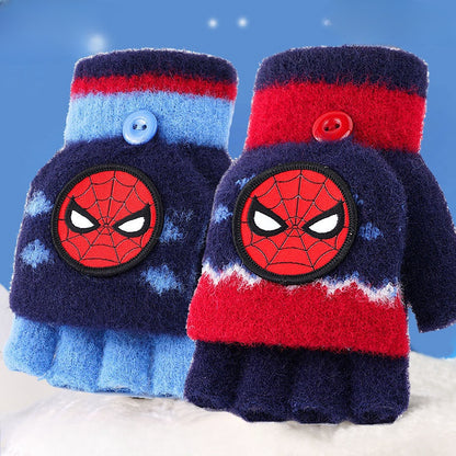 Fingerless Flap Cover Gloves Winter Knit Warm Mittens Soft Lined Fleece Thermal Outdoor Half Finger with Cover Convertible Flip Top for Kids boys girls (Spiderman)