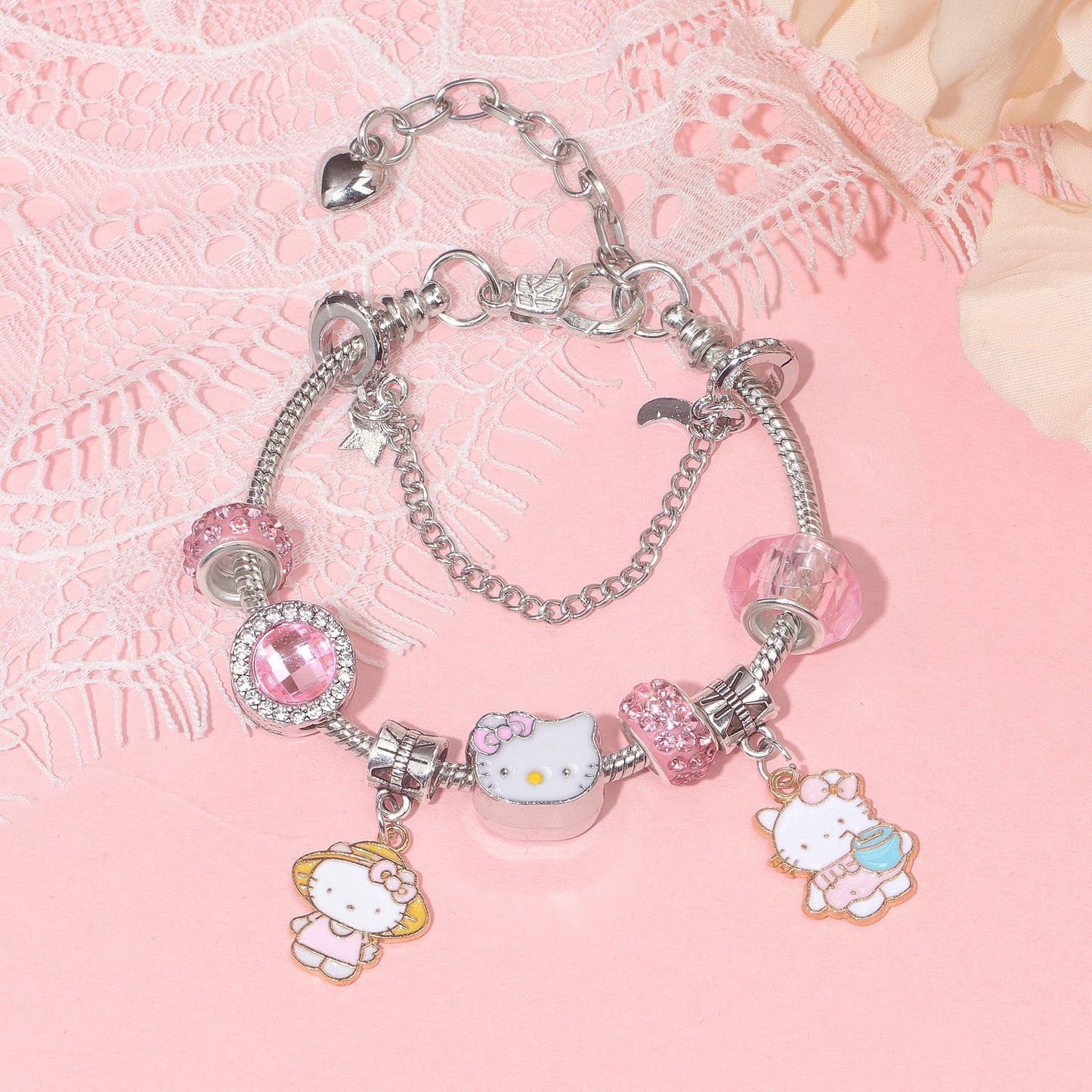 Magical kitty Sparkly Crystal Silver Plated Adjustable Charm Bracelet Birthday Gifts for Girls kids Birthday Jewellery Bracelets