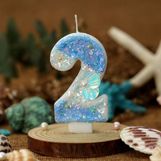Mermaid Birthday Candles Shell Sequins Candles for Cake Blue Ocean Beach Birthday Cake Sequins Shell Number Toppers for Girls Boys Party Decorations (Blue, Number 2)