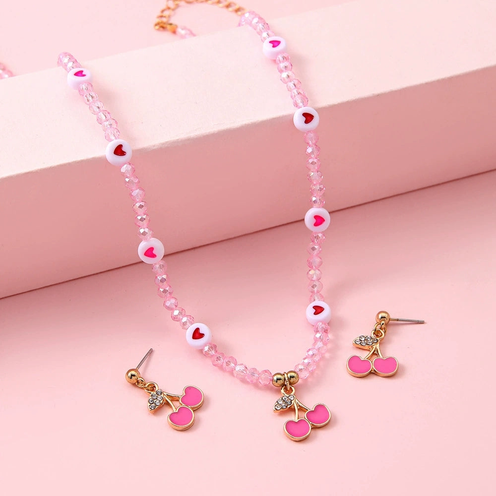 Jewellery Set for Girls Teenagers, Pink Cherry heart Necklace, and Stud Earrings - Kawaii Gifts for Girls Jewelry Favors Set Party Favors, Birthday Gift