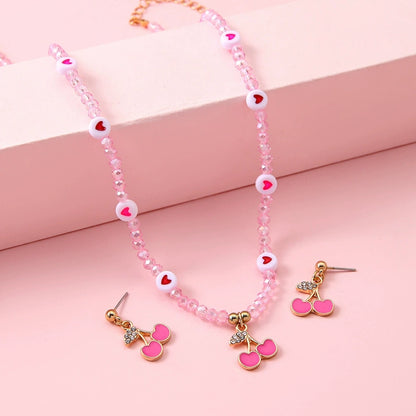 Jewellery Set for Girls Teenagers, Pink Cherry heart Necklace, and Stud Earrings - Kawaii Gifts for Girls Jewelry Favors Set Party Favors, Birthday Gift
