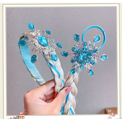 Kids Girls Toddlers Blue Frozen Elsa Ponytail Hair Extension Party Hair clips Snowflake Crown Headband Hairband Costume Dress up Braided Wigs