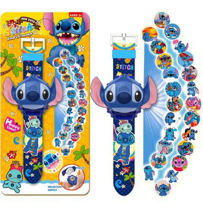 Superhero Robert Watch with 24 Super Projection Cartoon Hero Figurines Princess, Electronic Watch for Boys Girls Projector 3D (Stitch)