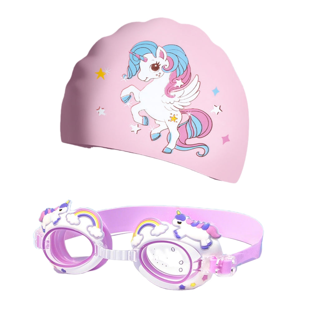 Kids Swimming Goggles Safe Soft Silicone Cap Hat Anti-Fog Waterproof No Leaking Crystal Clear Swim Goggles Spider for Kids Children and Teens Age 3-15 (Unicorn)