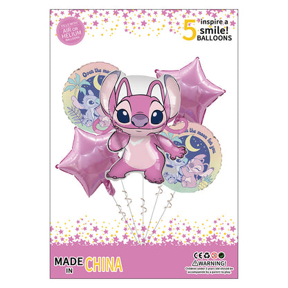 5pcs Princess Cinderella Foil Balloons Birthday Party Congratulations balloons Baby Shower Party Decorations Party Suppiles Accessories Theme kids (Stitch Pink)