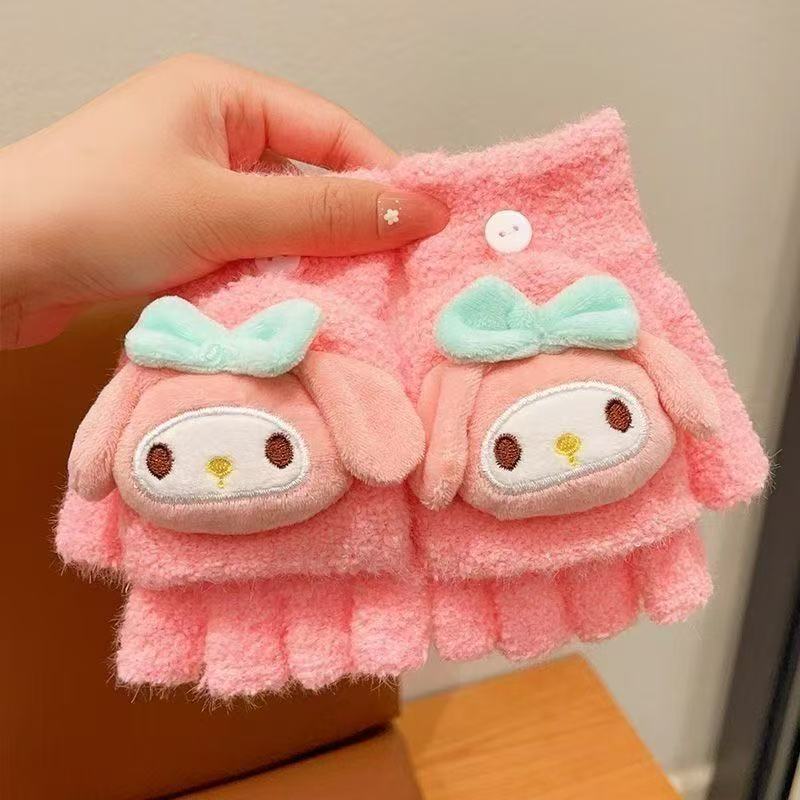 Fingerless Flap Cover Gloves Winter Knit Warm Mittens Soft Lined Fleece Thermal Outdoor Half Finger with Cover Convertible Flip Top for Kids boys girls(3D Kuromi)