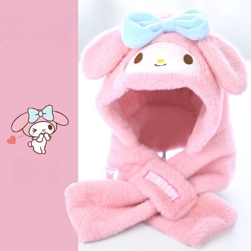 Kids Cartoon 3 in 1 Hat Scarf Gloves Set Winter Warm Fleece Stch Faux Fur Hoodie Full Hood Thick Thermal Scarves Gifts for Boys and Girls Kids( Kuromi 01)