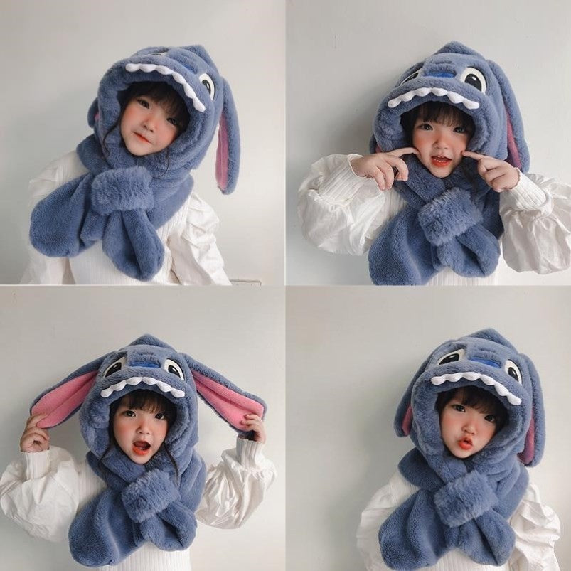 Kids Cartoon 3 in 1 Hat Scarf Gloves Set Winter Warm Fleece Stch Faux Fur Hoodie Full Hood Thick Thermal Scarves Gifts for Boys and Girls Kids