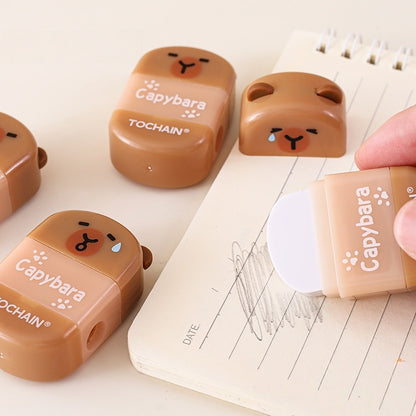2pcs Capybara Pencil Sharpener and Rubber 2 in 1, Portable Pebble Shape Manual Sharpener for Kids Students Teachers, Dust Free Office School Supplies, Art Supplies (Capybara)