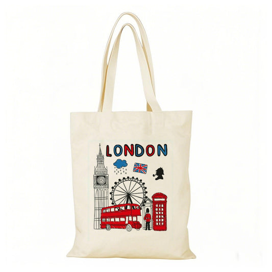 London Canvas Novelty Present Gift Souvenirs Printed Tote Bag Long Handle Cotton Reusable bags for shopping school travel Keepsake, Memorabilia（B）