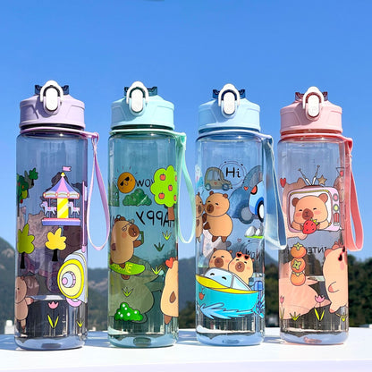 Store Water Bottle Reusable Kids PP with Two Lids Leak Proof with straw Lid BPA Free Drinking bottle (Pink Capybara 800ml)