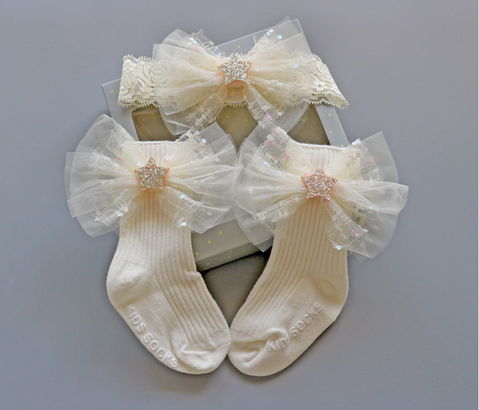 3PCS Baby Crown Lace Tutu Flower Socks Princess Party Newborn Toddler Ankle Socks Hair Headband Gift Set in Box (C)