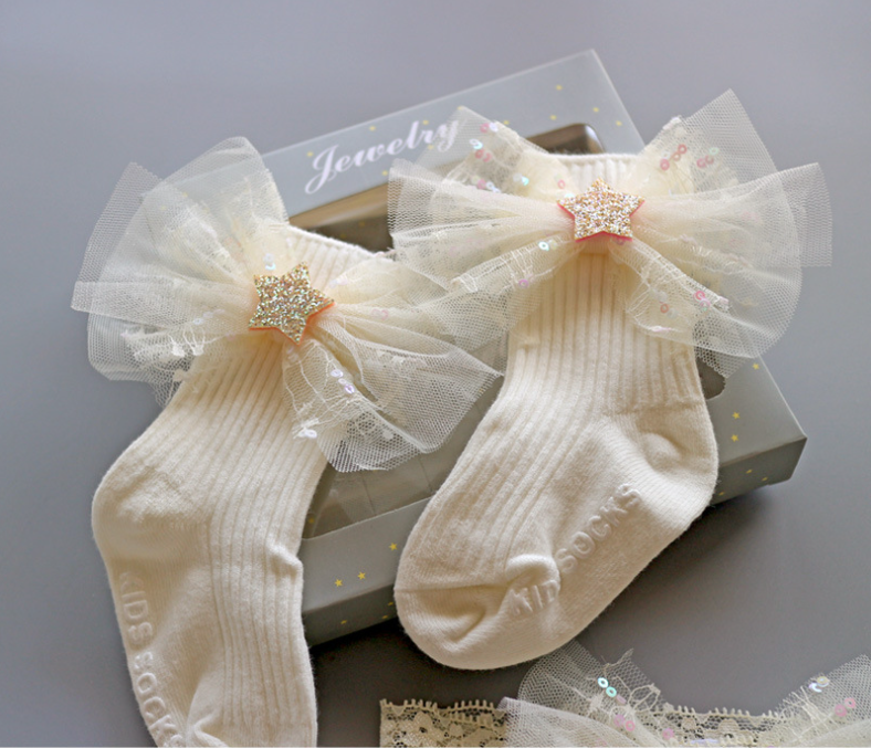 3PCS Baby Crown Lace Tutu Flower Socks Princess Party Newborn Toddler Ankle Socks Hair Headband Gift Set in Box (C)