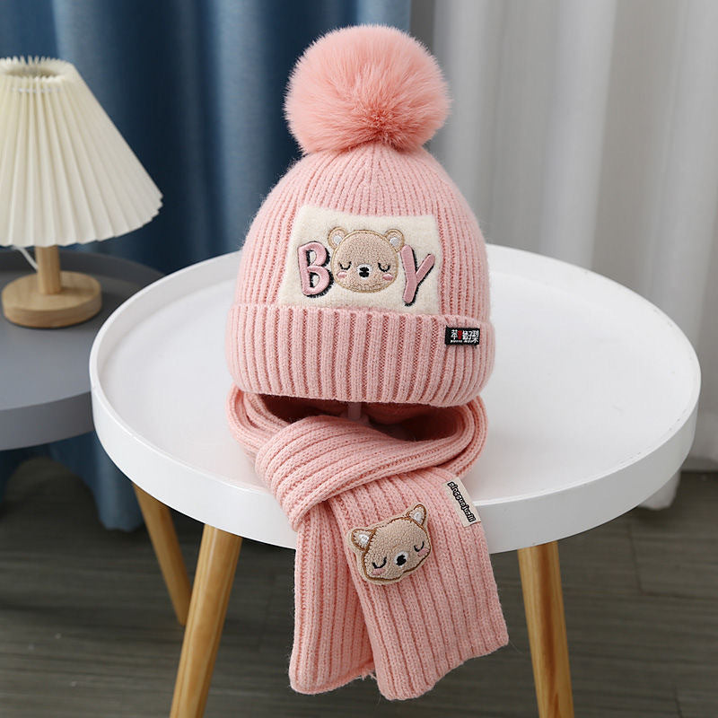 Kids Winter Beanie pom pom Hat Scarf Set 2Pcs Knit Warm Toddler Winter Cap Neck Warmer for Boys Girls Accessories Sets for Children Outdoor Sports(Pink)