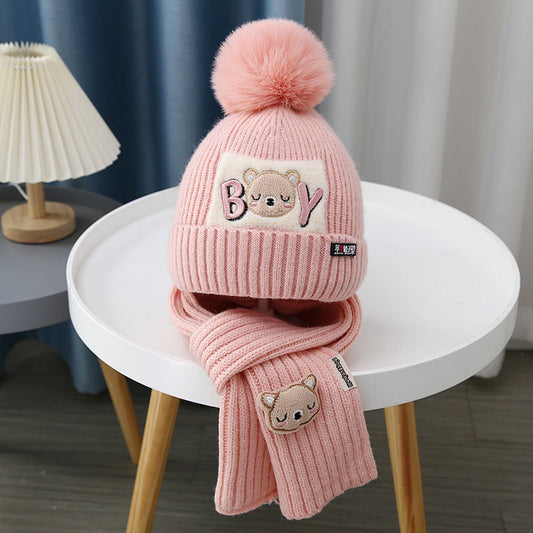 Kids Winter Beanie pom pom Hat Scarf Set 2Pcs Knit Warm Toddler Winter Cap Neck Warmer for Boys Girls Accessories Sets for Children Outdoor Sports(Pink)