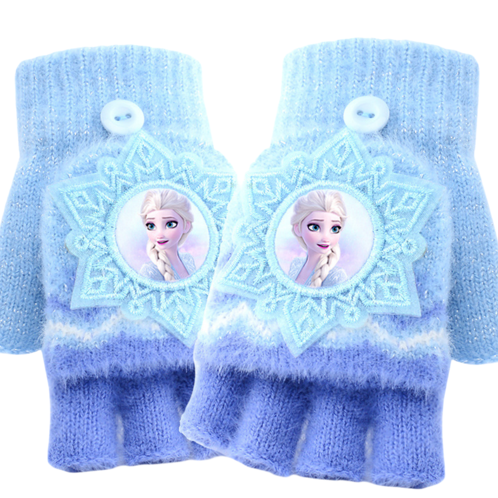 Fingerless Flap Cover Gloves Winter Knit Warm Mittens Soft Lined Fleece Thermal Outdoor Half Finger with Cover Convertible Flip Top for Kids boys girls (Pink Elsa)