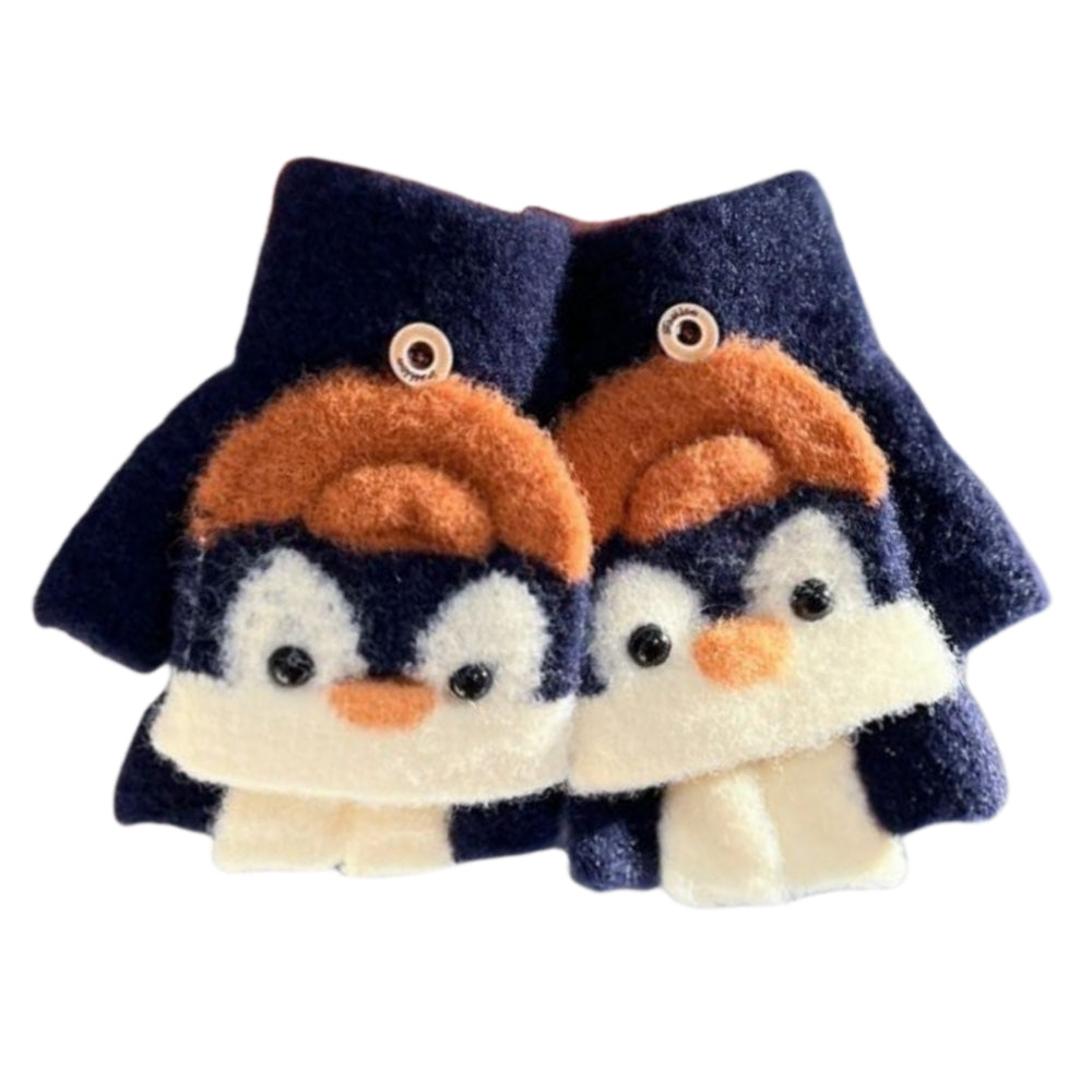Fingerless Flap Cover Gloves Winter Knit Warm Mittens Soft Lined Fleece Thermal Outdoor Half Finger with Cover Convertible Flip Top for Kids boys girls (Penguin)