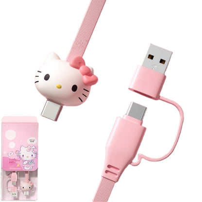 Cute Kitty Cartoon Charging Cable - Pink 2-in-1 Multi-Connector USB-C to USB-C/-C to C 3A USB Cable for Fast Charging, 1m Transfer Cable, USB-A Adaptor Included, Fast Charger Compatible