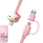Cute Kitty Cartoon Charging Cable - Pink 2-in-1 Multi-Connector USB-C to USB-C/-C to C 3A USB Cable for Fast Charging, 1m Transfer Cable, USB-A Adaptor Included, Fast Charger Compatible