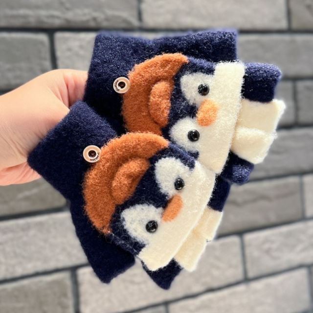 Fingerless Flap Cover Gloves Winter Knit Warm Mittens Soft Lined Fleece Thermal Outdoor Half Finger with Cover Convertible Flip Top for Kids boys girls (Penguin)