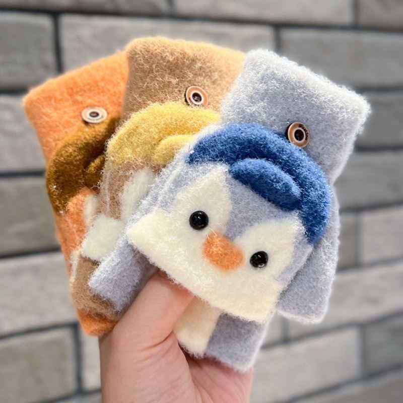 Fingerless Flap Cover Gloves Winter Knit Warm Mittens Soft Lined Fleece Thermal Outdoor Half Finger with Cover Convertible Flip Top for Kids boys girls (Penguin)