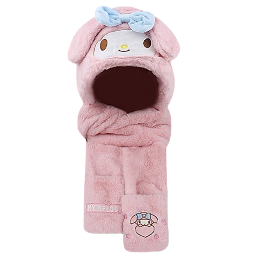 Kids Cartoon 3 in 1 Hat Scarf Gloves Set Winter Warm Fleece Faux Fur Hoodie Full Hood Thick Thermal Scarves Gifts for Boys and Girls Kids