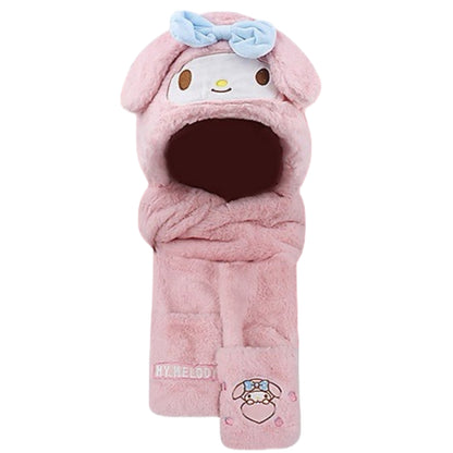 Kids Cartoon 3 in 1 Hat Scarf Gloves Set Winter Warm Fleece Faux Fur Hoodie Full Hood Thick Thermal Scarves Gifts for Boys and Girls Kids