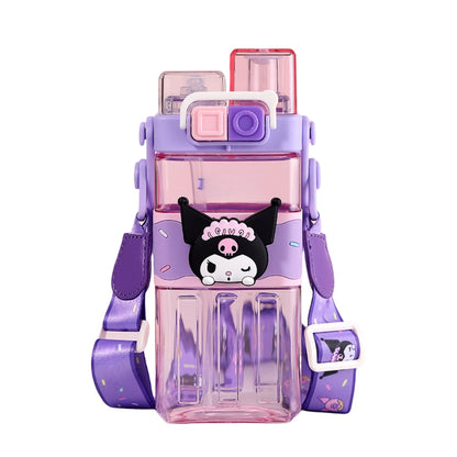 Water Bottle Reusable Kids 510ml PP with Two Lids Leak Proof with straw Lid BPA Free Drinking bottle (Kuromi)