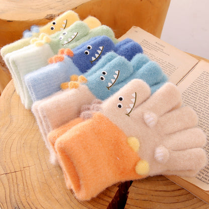 Full Finger Gloves Dinosaur Cat Capybara Winter Knit Warm Mittens Soft Lined Fleece Thermal Outdoor Stretchy Gloves for Kids boys girls (Dinosaur)