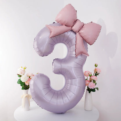 40'' Purple Number with Bow Balloon, Self Inflating Foil Light Pink Set 0-9, Pastel Pink Helium Balloon for Girls Birthday Party Decorations Anniversary Supplies (Purple, Number 9)