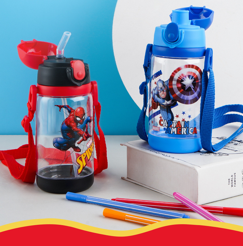 Spiderman Water Bottle Reusable Kids 520ml PP with Two Lids Leak Proof with straw Lid BPA Free Drinking bottle(Spiderman)