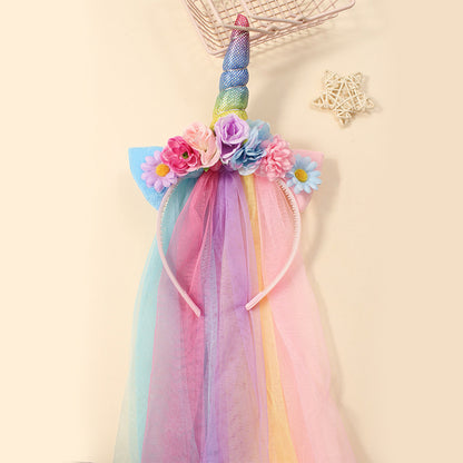 Unicorn Horn Floral Headband with Rainbow veil Ears Pony Head Bands Tiara for Girls Kids Headbands Party Birthday Cosplay Fancy costume (Rainbow Unicorn)