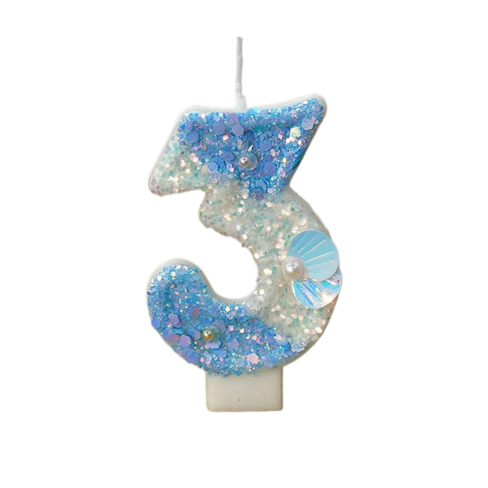 Mermaid Birthday Candles Shell Sequins Candles for Cake Blue Ocean Beach Birthday Cake Sequins Shell Number Toppers for Girls Boys Party Decorations (Blue, Number 3)