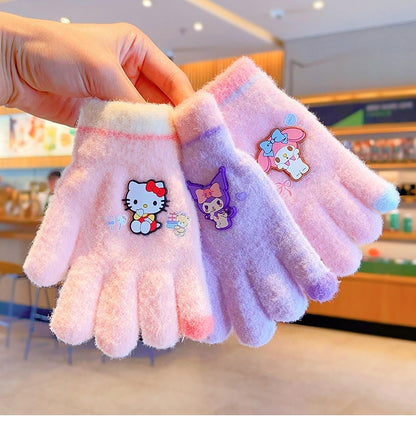 Full Finger Gloves Elsa Winter Knit Warm Mittens Soft Lined Fleece Thermal Outdoor Stretchy Gloves for Kids boys girls (hello kitty)