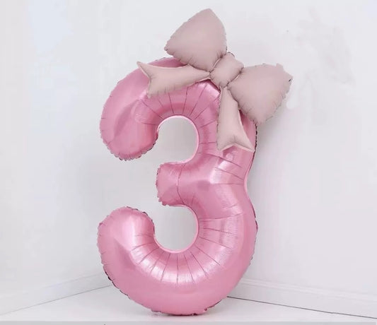 40'' Pink Number with Bow Balloon, Self Inflating Foil Light Pink Set 0-9, Pastel Pink Helium Balloon for Girls Birthday Party Decorations Anniversary Supplies (Pink, Number 3)