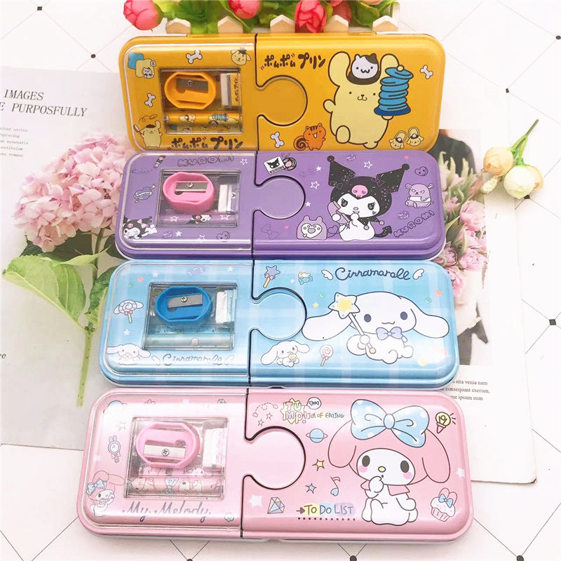 Cartoon Pencil Box with Sharpener & Eraser - Double Layer Metal Purple Pencil Box, Ideal for School & Birthday Gifts, Cartoon Pencil Childeren's Day Birthday Gift (Kuromi)