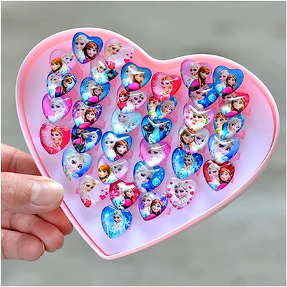 20Pcs Adjustable Princess pink Jewelry Girl Kids elsa Cartoon Plastic Rings Gift Set with Heart Shape Box