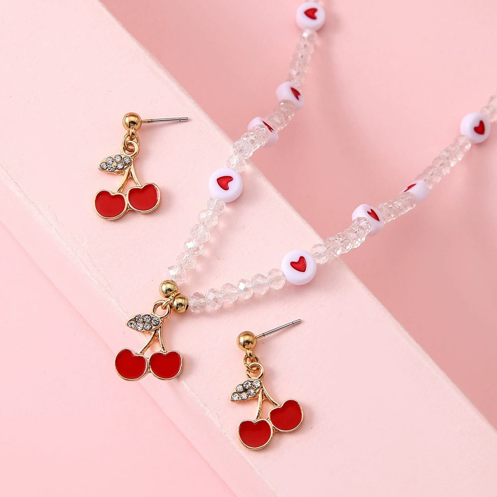 Jewellery Set for Girls Teenagers, Pink Cherry heart Necklace, and Stud Earrings - Kawaii Gifts for Girls Jewelry Favors Set Party Favors, Birthday Gift