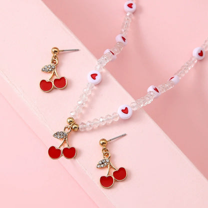 Jewellery Set for Girls Teenagers, Pink Cherry heart Necklace, and Stud Earrings - Kawaii Gifts for Girls Jewelry Favors Set Party Favors, Birthday Gift