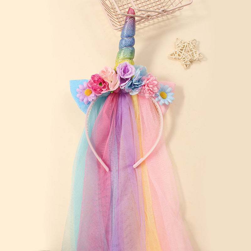 Unicorn Horn Floral Headband with Rainbow veil Ears Pony Head Bands Tiara for Girls Kids Headbands Party Birthday Cosplay Fancy costume (Blue Unicorn)
