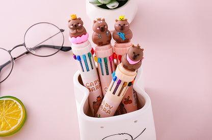 Multicolor teddy bear Pens 0.5mm 10-in-1 Retractable Ballpoint Pens 10 Colors Transparent Barrel Ballpoint Pen for Office Supplies and kids school (Capybara)