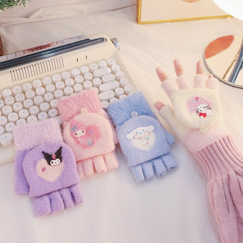 Fingerless Flap Cover Gloves Winter Knit Warm Mittens Soft Lined Fleece Thermal Outdoor Half Finger Gloves with Cover Convertible Flip Top for Kids