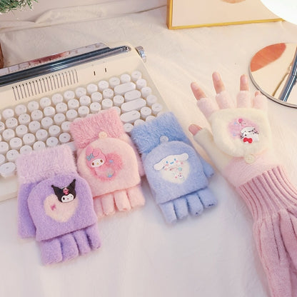 Fingerless Flap Cover Gloves Winter Knit Warm Mittens Soft Lined Fleece Thermal Outdoor Half Finger Gloves with Cover Convertible Flip Top for Kids