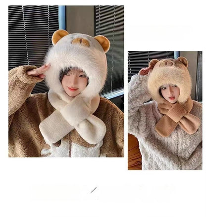 Kids Cartoon 3 in 1 Hat Scarf Gloves Set Winter Warm Fleece Faux Fur Hoodie Full Hood Thick Thermal Scarves Gifts for Boys and Girls Kids