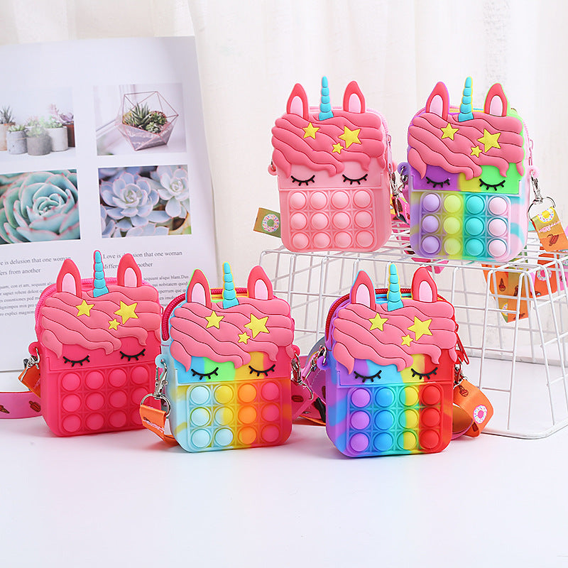 Unicorn Sensory Pop Toy Bag Girls Shoulder Bag, Silicone Pop Fidget Bag Poppet Handbag Purse Push Bubble Messenger Bag Anxiety Stress Relief for Children, Girls (Unicorn Rainbow Pop Bag)