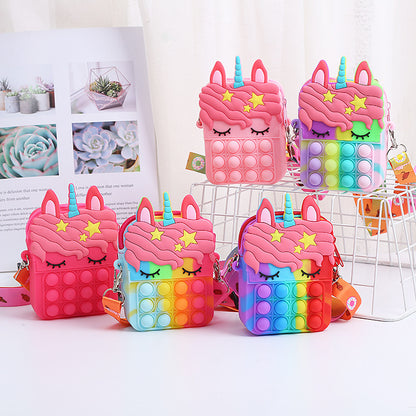 Unicorn Sensory Pop Toy Bag Girls Shoulder Bag, Silicone Pop Fidget Bag Poppet Handbag Purse Push Bubble Messenger Bag Anxiety Stress Relief for Children, Girls (Unicorn Rainbow Pop Bag)