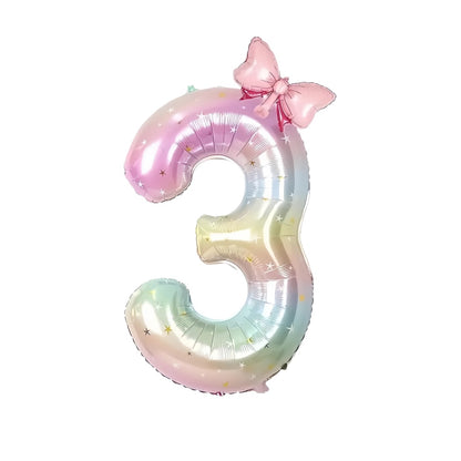 40'' Pink Number with Bow Balloon, Self Inflating Foil Light Pink Set 0-9, Pastel Pink Helium Balloon for Girls Birthday Party Decorations Anniversary Supplies (Rainbow, Number 7)